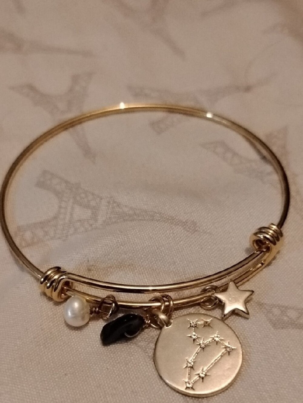Gold Leo Charm Bangle Bracelet with Black Stone and Pearl - Picture 2 of 2
